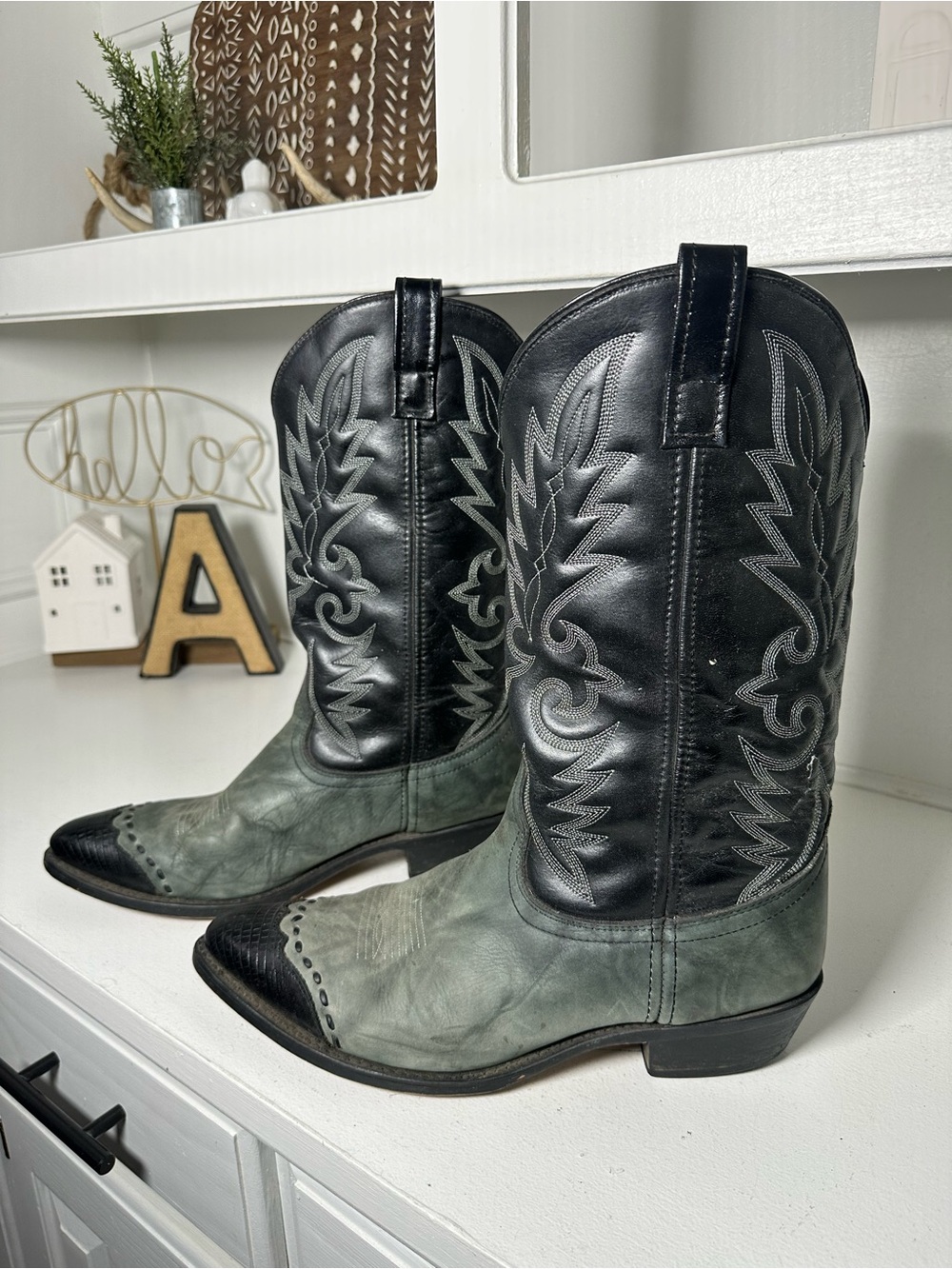 Laredo Mens 12D Cowboy Boots Gray Black Leather Western Snip Toe Rockabilly